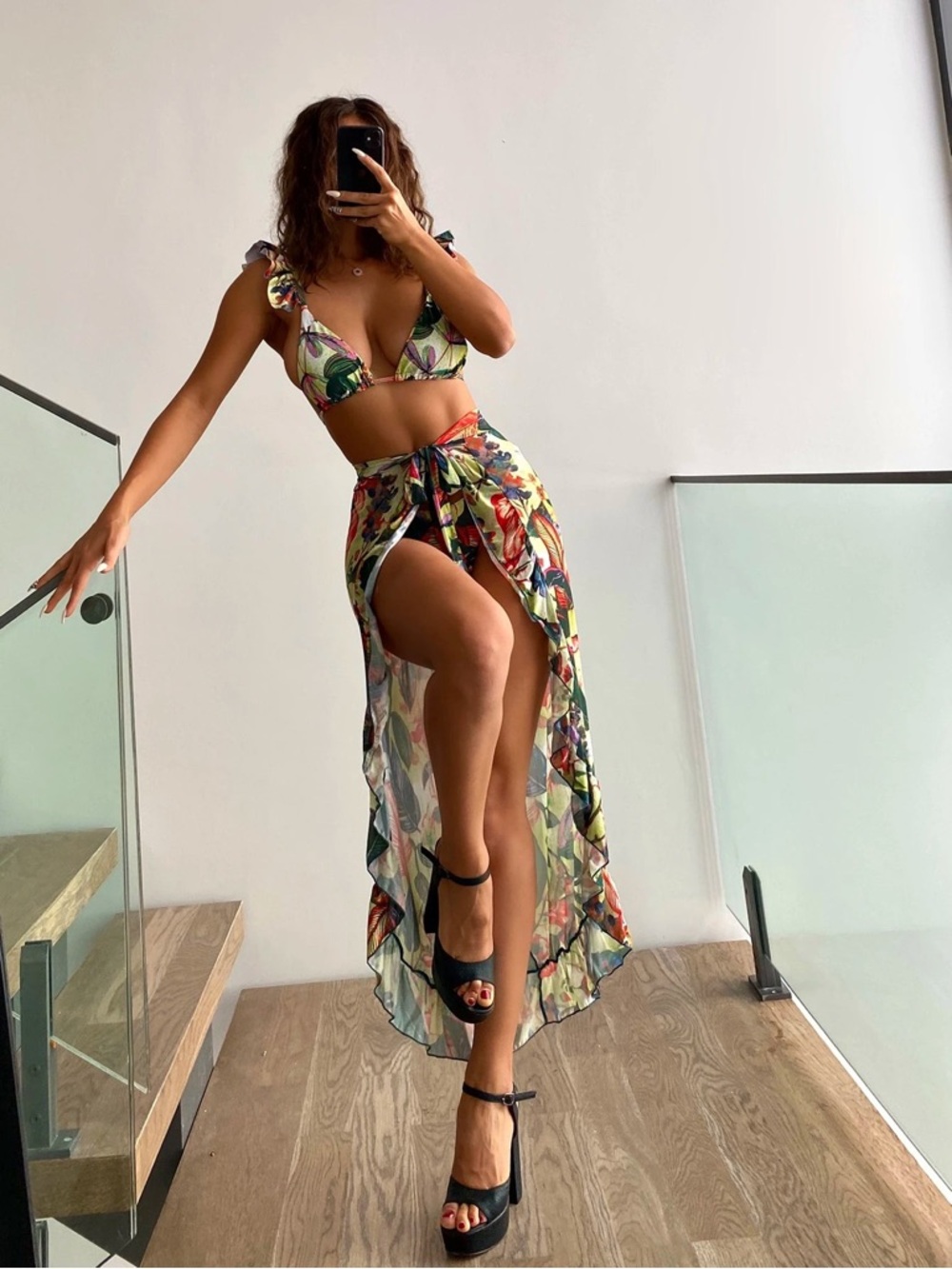 Tropical Floral Bikini Set Brazilian Cut Ruched Triangle Ruffle Top Swim Summer